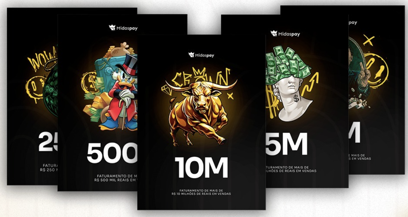 Premiações MidasPay - Placas de reconhecimento por faturamento de 250K, 500K, 1M, 5M e 10M de reais em vendas